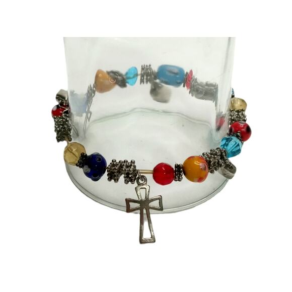 🌈 Multicolor Lampwork Bracelet w/ Cross Charms | Boho VTG Stretch - Picture 8 of 12